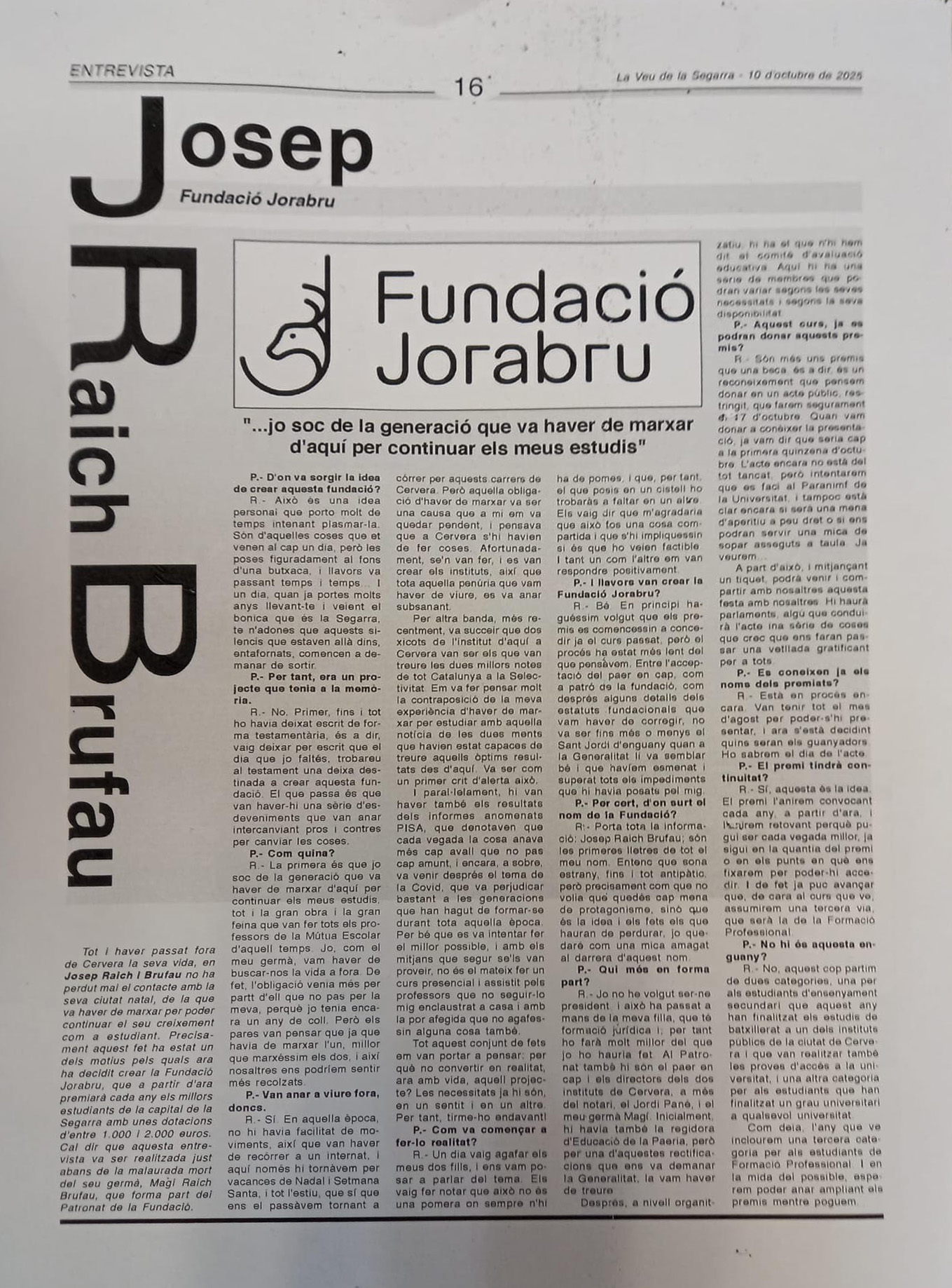 Publicació Entrevista a la Veu de la Segarra el 10 d'Octubre de 2025